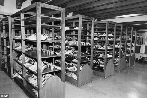 A 1986 picture shows Imelda Marcos' shoe stash stored on shelves in the basement of the Malacanang Palace in Manila before being transferred to the National Museum.